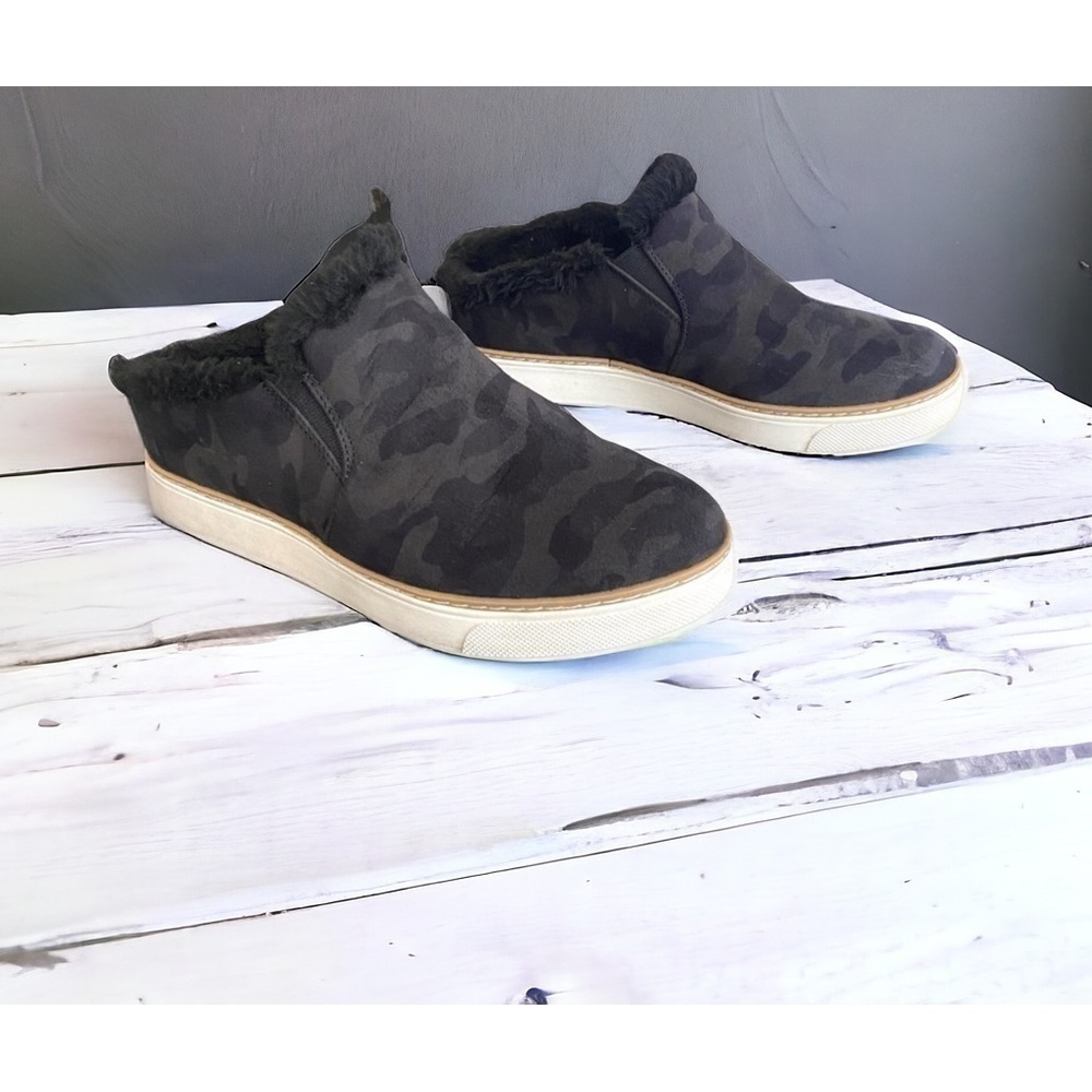 Dr. Scholl's Grey & Black Camo Fur Lined Slip On Comfort Mules Sneakers Size 6